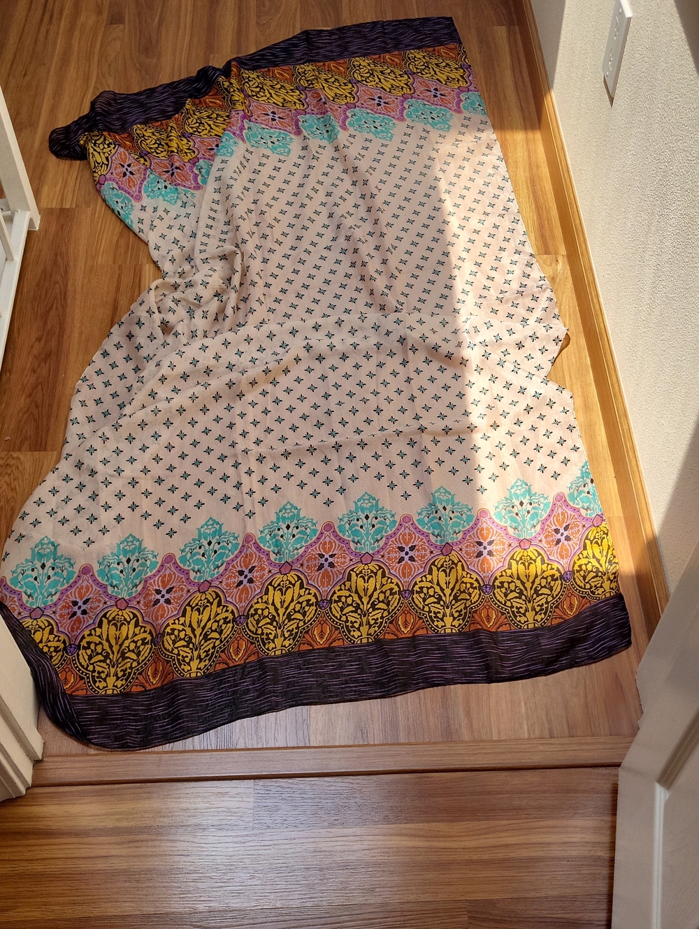 Cream Multicolor Decorative Border Shawl with Turquoise, Mustard & Pink Accents
